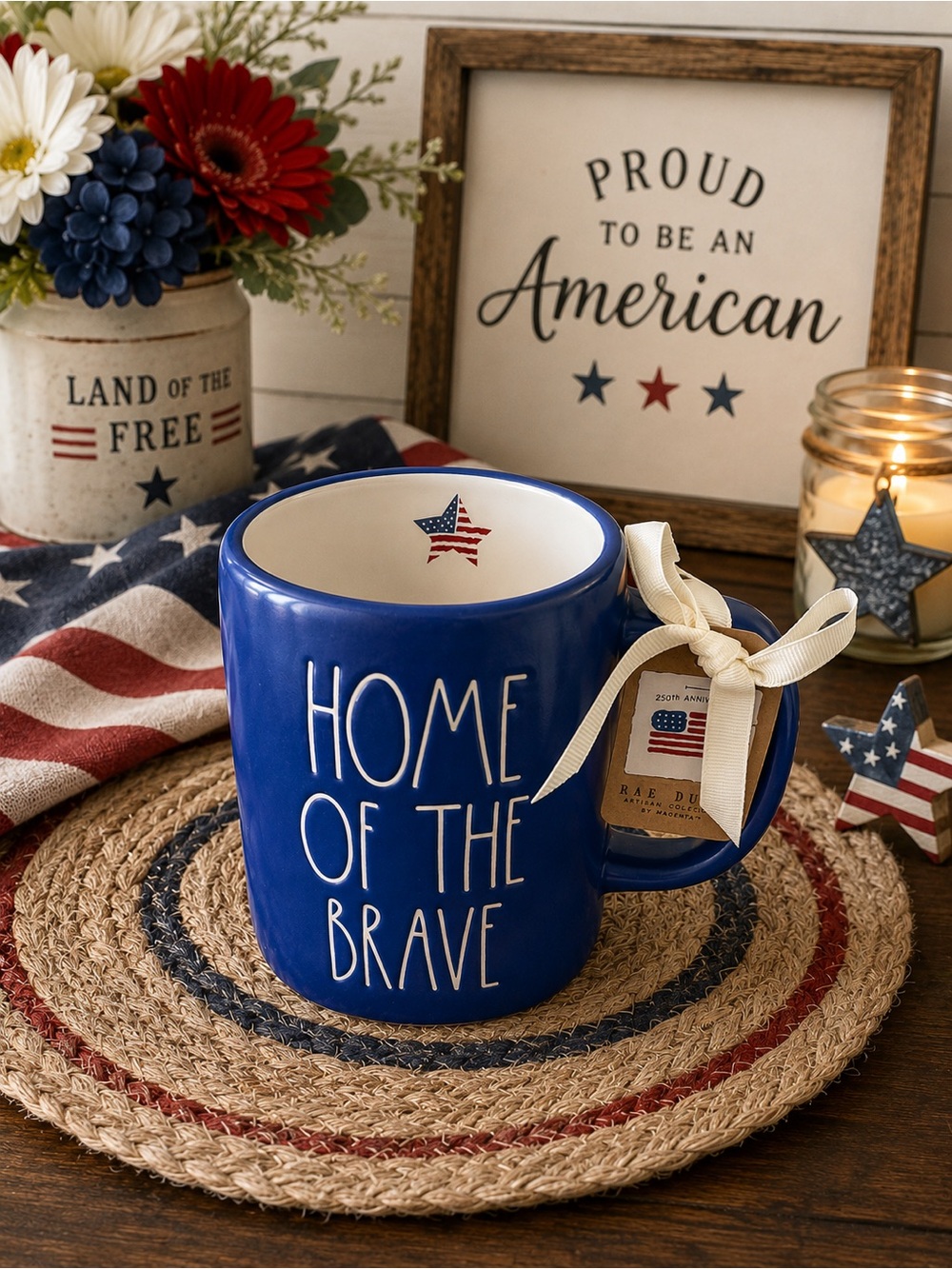Rae Dunn Blue "Home of the Brave" Ceramic Mug